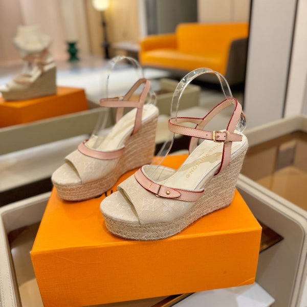 LV Helios Wedge Sandals Cream Monogram Denim & Leather 888644