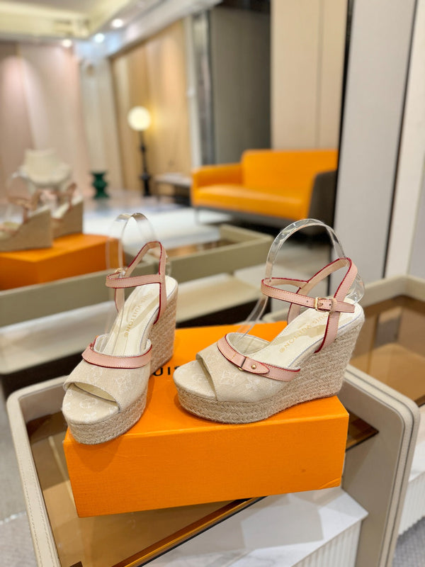 LV Helios Wedge Sandals Cream Monogram Denim & Leather 888644