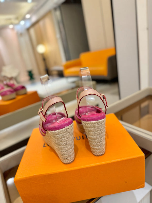 LV Helios Wedge Sandals Pink Monogram Denim & Leather 888643