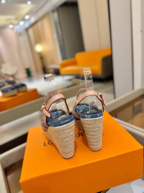 LV Helios Wedge Sandals Blue Monogram Denim & Leather 888642