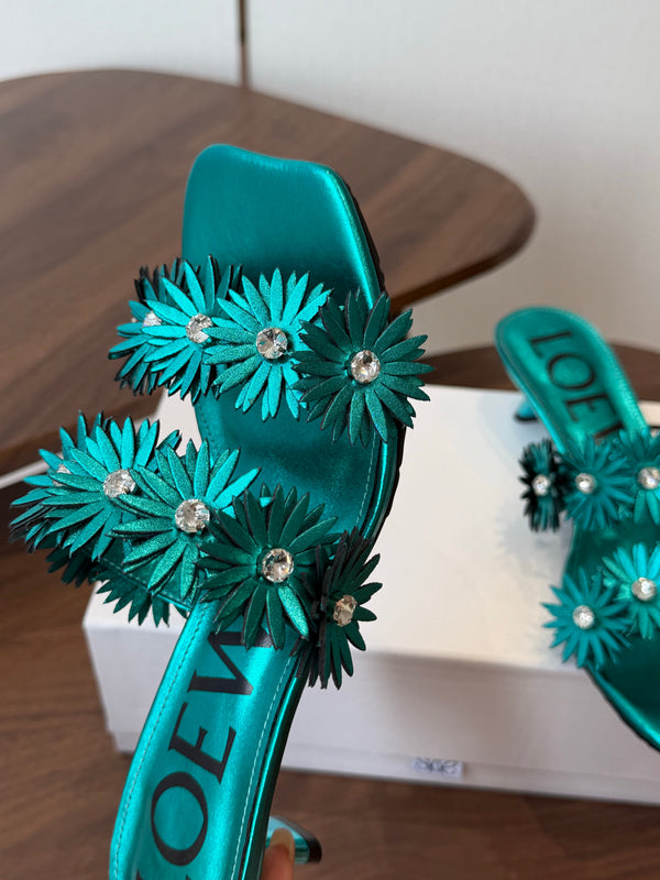 Loew Paula's Ibiza Petal Flower Sandals Metallic Turquoise Leather 889901