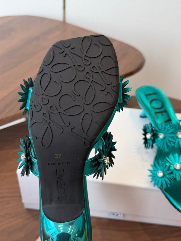 Loew Paula's Ibiza Petal Flower Sandals Metallic Turquoise Leather 889901