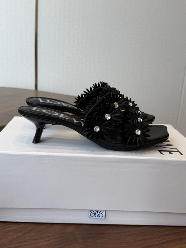Loew Paula's Ibiza Petal Flower Sandals Black Leather 889899