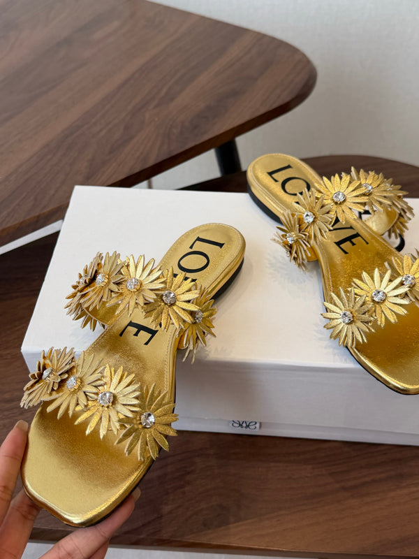 Loew Paula's Ibiza Petal Flower Flat Sandals Gold Leather 889893
