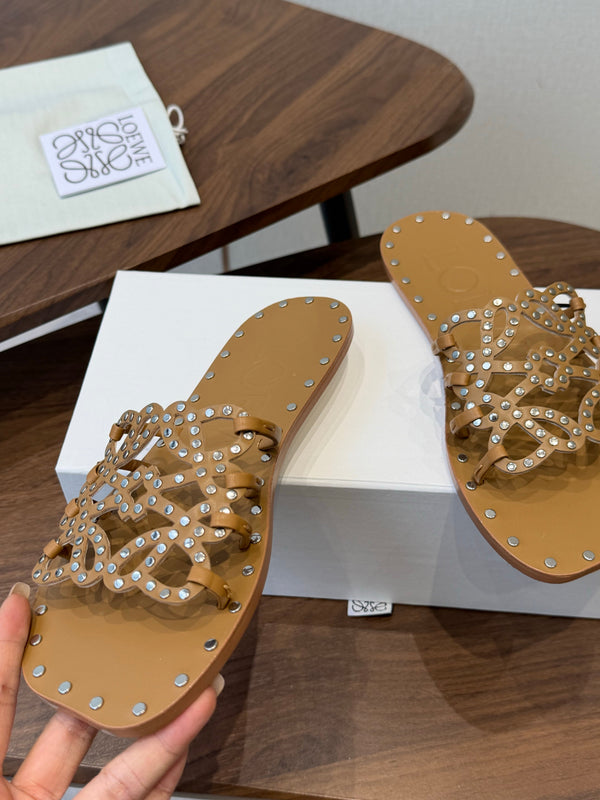 Loew Studded Square Toe Flat Slides Camel Leather 889889