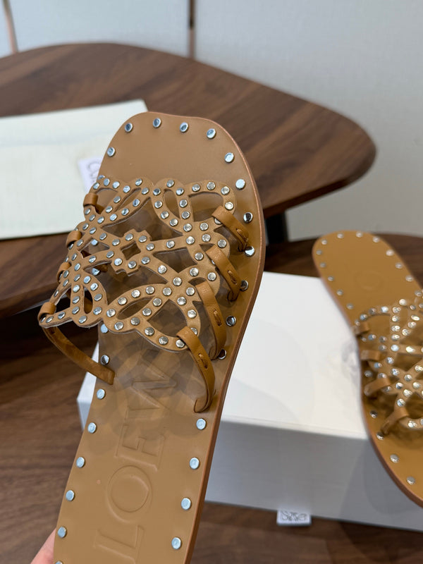 Loew Studded Square Toe Flat Slides Camel Leather 889889