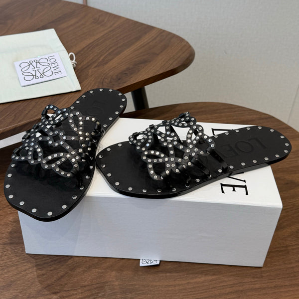 Loew Studded Square Toe Flat Slides Black Leather 889888