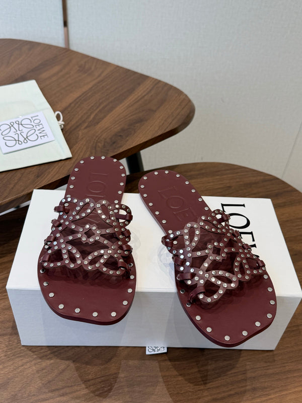 Loew Studded Square Toe Flat Slides Burgundy Leather 889886