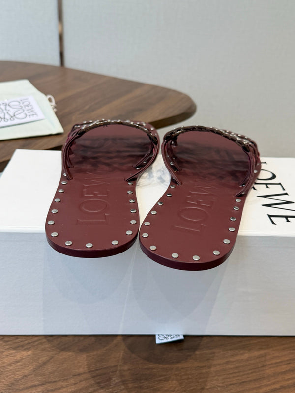 Loew Studded Square Toe Flat Slides Burgundy Leather 889886