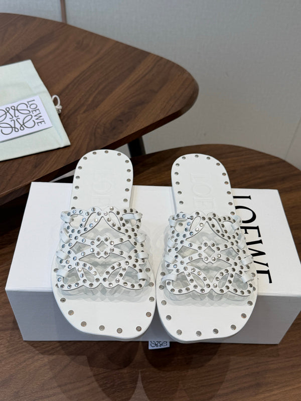 Loew Studded Square Toe Flat Slides White Leather 889887