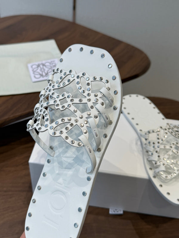 Loew Studded Square Toe Flat Slides White Leather 889887