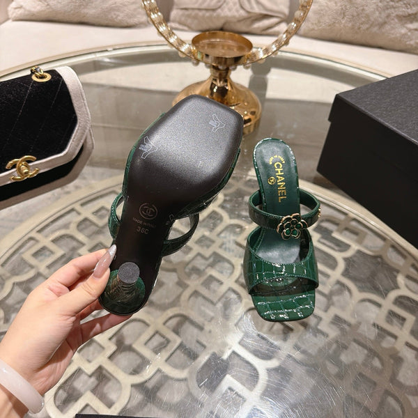 CC 26A Camellia Double C Square Toe Mules 10cm Green Stone-Grain Cowhide 890674
