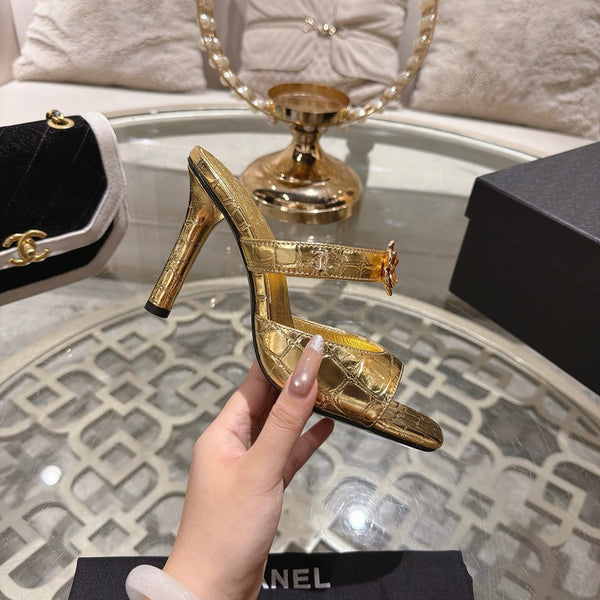 CC 26A Camellia Double C Square Toe Mules 10cm Gold Stone-Grain Cowhide 890672