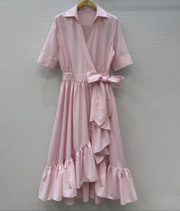 CD Dioriviera D-Stripes Ruffled Dress Pink White Polyester 401921