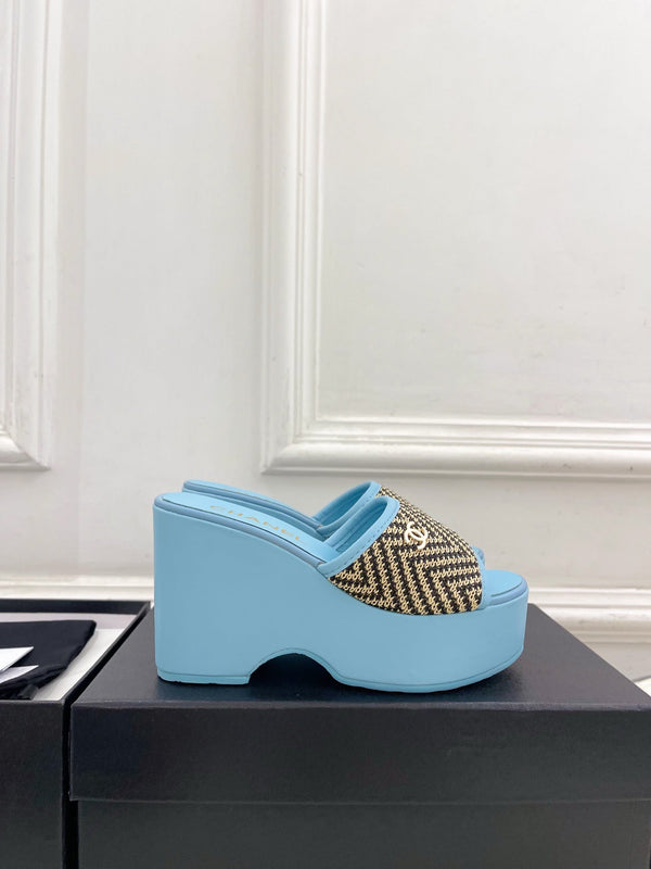CC Double C Platform Wedge Mules 10cm Blue Tweed 891785
