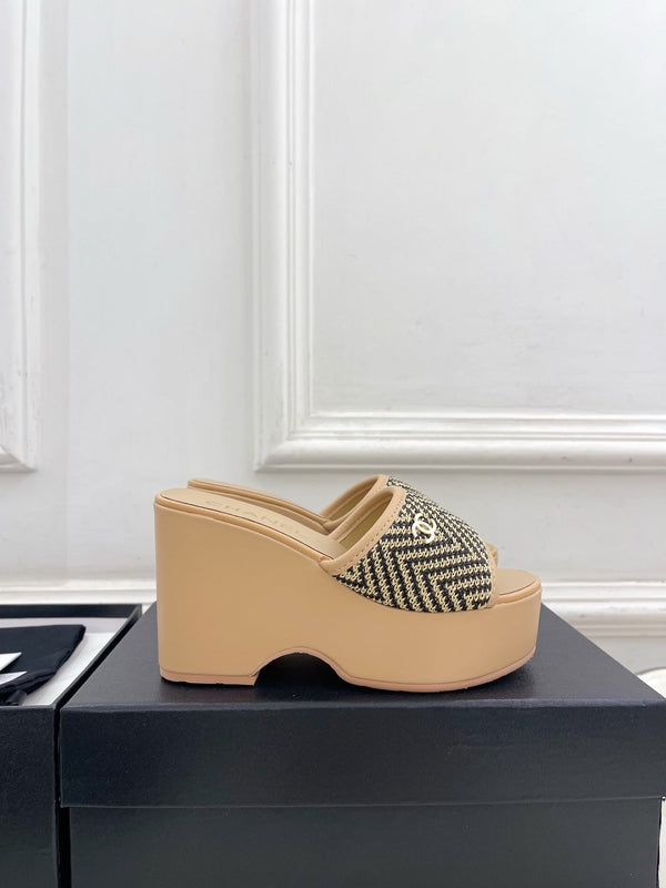 CC Double C Platform Wedge Mules 10cm Beige Tweed 891784