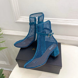 Alaia Boots 5.5cm Fishnet Ankle Boots Dark Blue Mesh Suede 892045