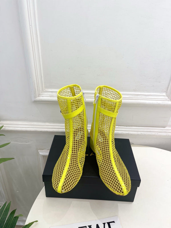 Alaia Boots 5.5cm Fishnet Ankle Boots Yellow Mesh Patent Leather 892044