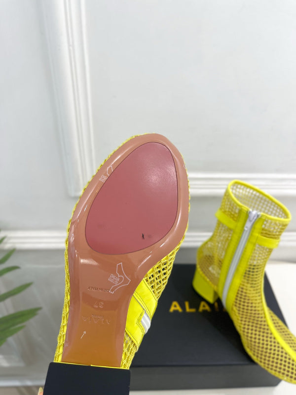 Alaia Boots 5.5cm Fishnet Ankle Boots Yellow Mesh Patent Leather 892044