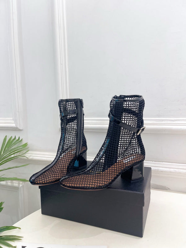Alaia Boots 5.5cm Fishnet Ankle Boots Black Mesh Patent Leather 892042