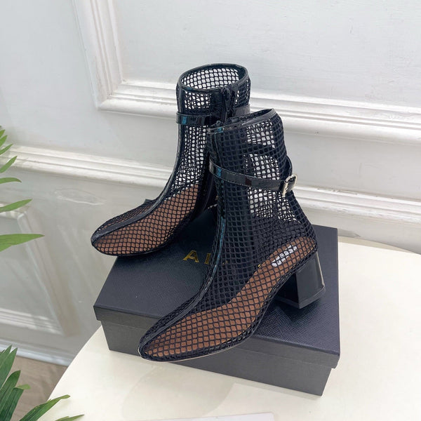 Alaia Boots 5.5cm Fishnet Ankle Boots Black Mesh Patent Leather 892042