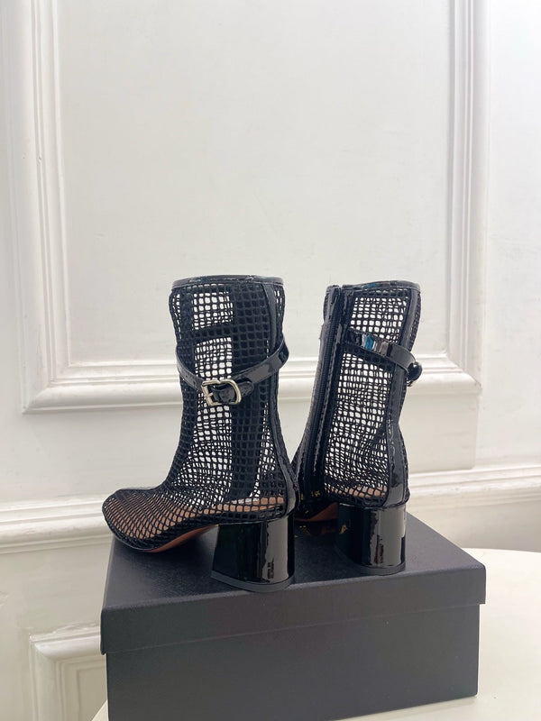 Alaia Boots 5.5cm Fishnet Ankle Boots Black Mesh Patent Leather 892042