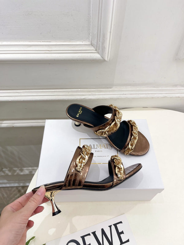 BM Sequin Chain Sandals 5cm Bronze Metallic Leather 892297