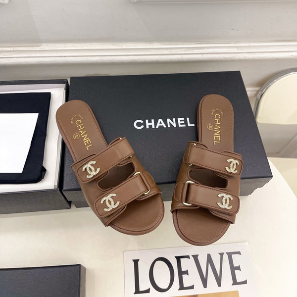 CC Crystal Double C Velcro Flat Mules Brown Lambskin 891665