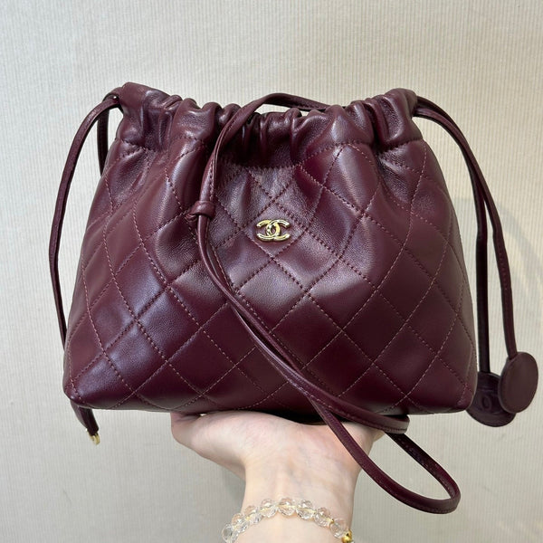 CC Drawstring Bag 22cm Burgundy Lambskin Leather