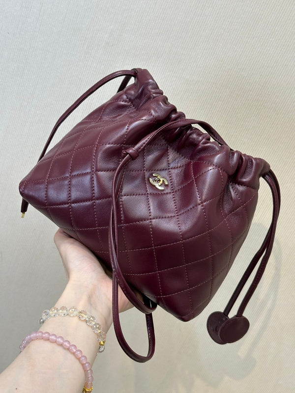 CC Drawstring Bag 22cm Burgundy Lambskin Leather