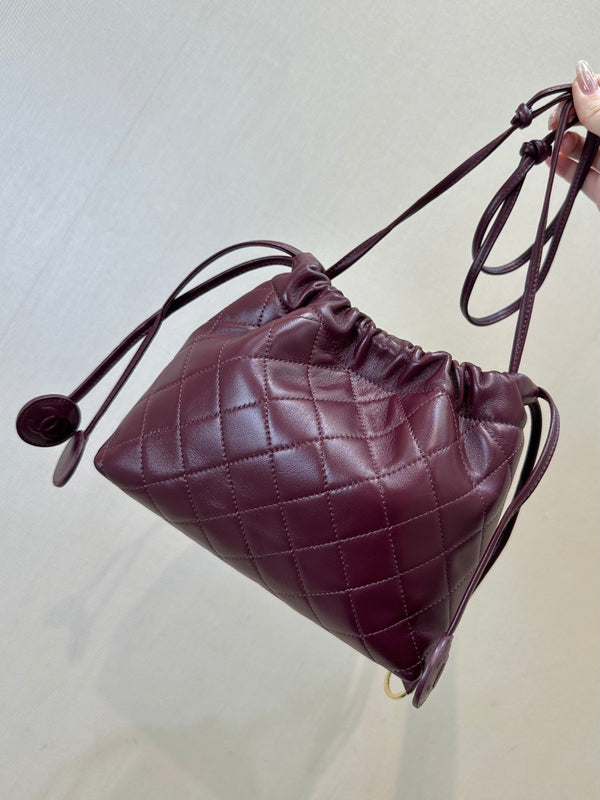 CC Drawstring Bag 22cm Burgundy Lambskin Leather