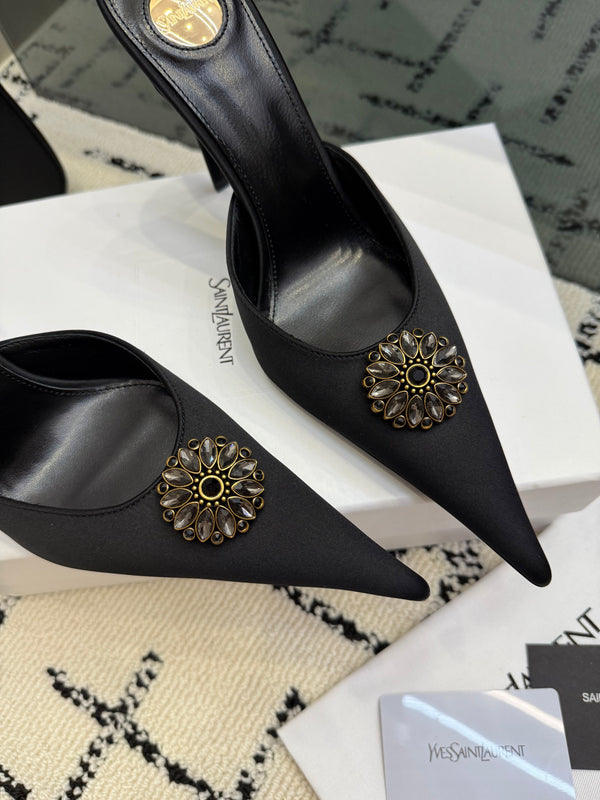 YSL Cosmo Crystal Mules 100mm Black Calfskin Leather 894619