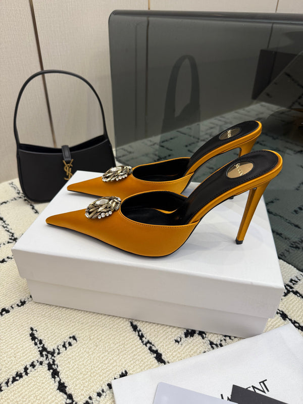 YSL Cosmo Crystal Mules 100mm Tan Calfskin Leather 894614