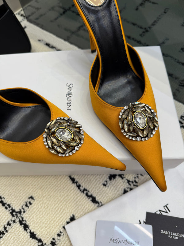 YSL Cosmo Crystal Mules 100mm Tan Calfskin Leather 894614