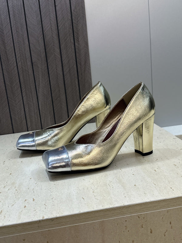 CC Square Toe Block Heel Pumps 90mm Gold Metallic Patent Leather 896864