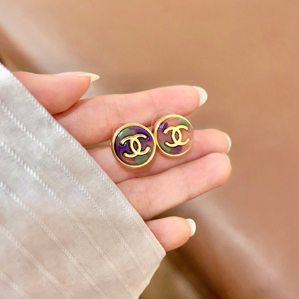 CC Round Stud Earrings Gold Multicolor Resin 659644