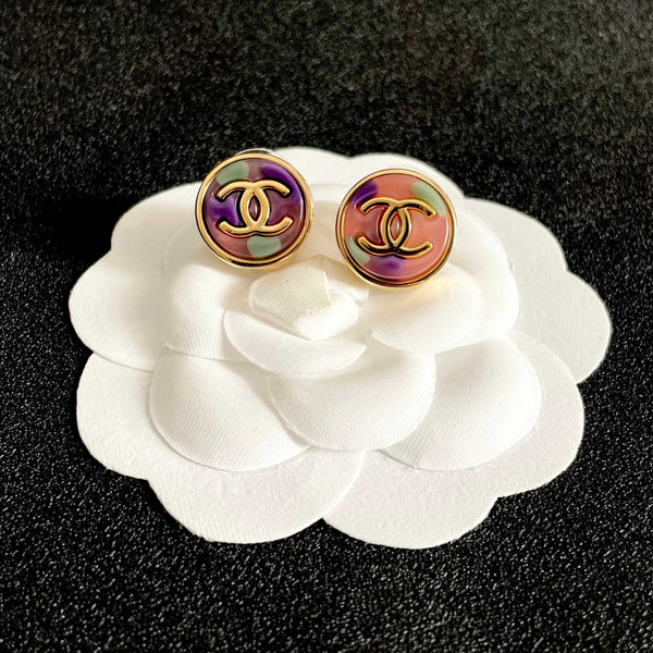 CC Round Stud Earrings Gold Multicolor Resin 659644