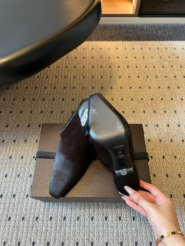 Alaia 26ss Pointed Toe Mules 10cm Black Pony Hair