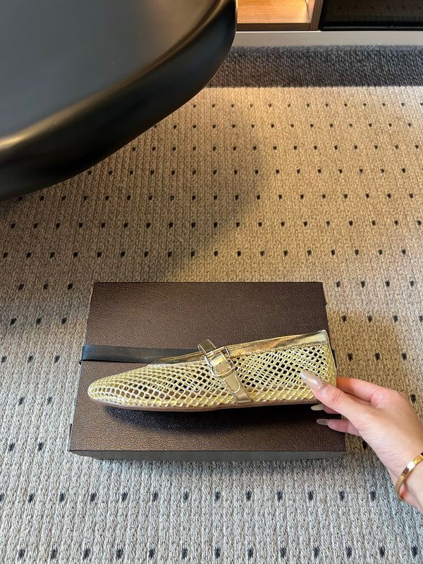 Alaia 26ss Fishnet Ballet Flats Metallic Patent Leather