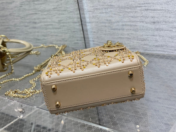CD Mini Lady Dior Bag 17cm Beige Cowhide Leather Crystal 160004