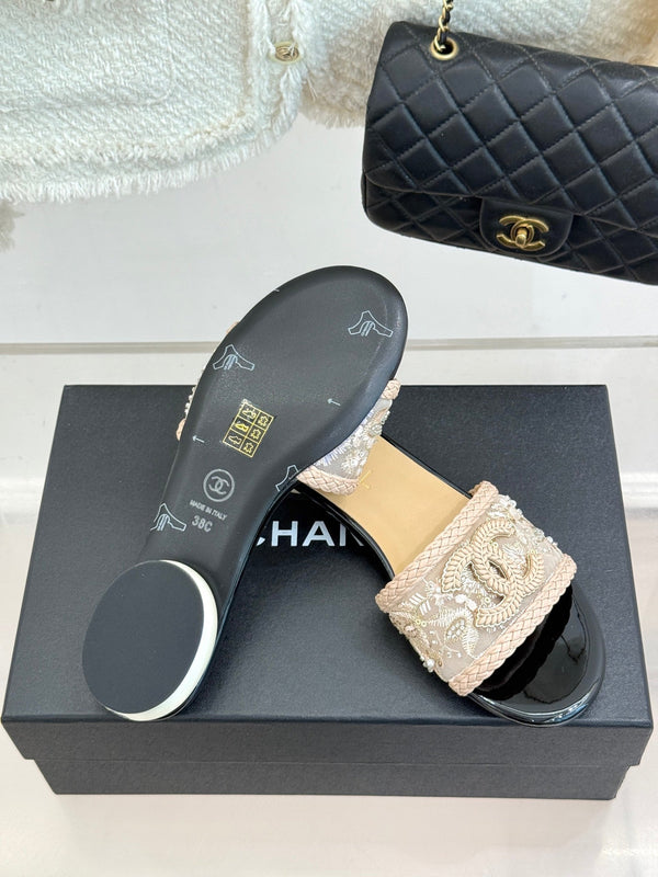 CC Pearl Heel Beaded Embroidered Slides Beige Lambskin 904676