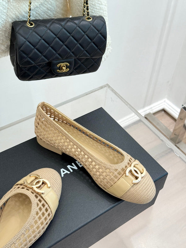 CC Mesh Woven Ballet Flats Beige Woven Fabric 904674