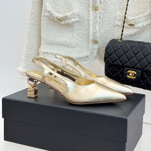 CC 26A Pointed Toe Slingback Pumps Gold Patent Cowhide 904672