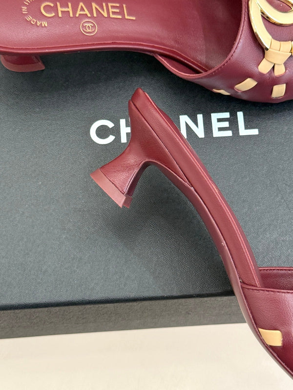 CC Flared Heel Mules Burgundy Lambskin Leather 904662