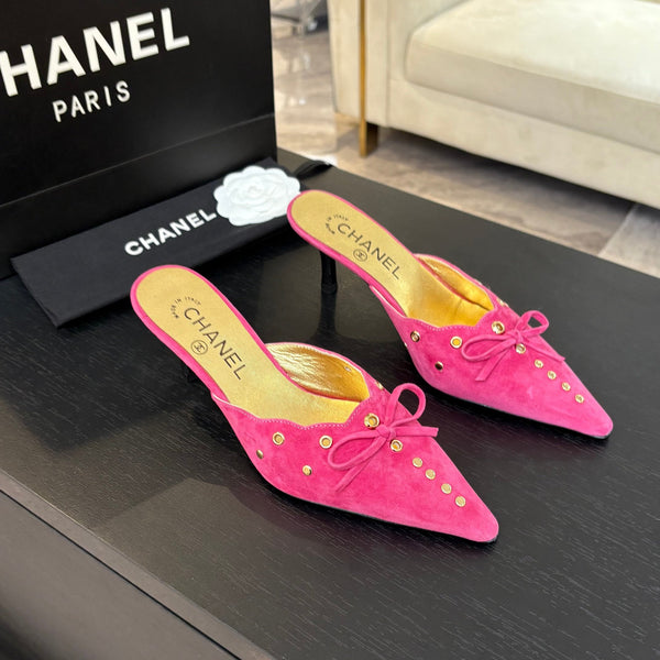 CC Grommet Bow Mules 6.5cm Hot Pink Suede Leather 912926