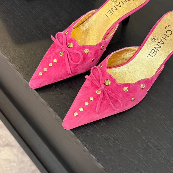 CC Grommet Bow Mules 6.5cm Hot Pink Suede Leather 912926