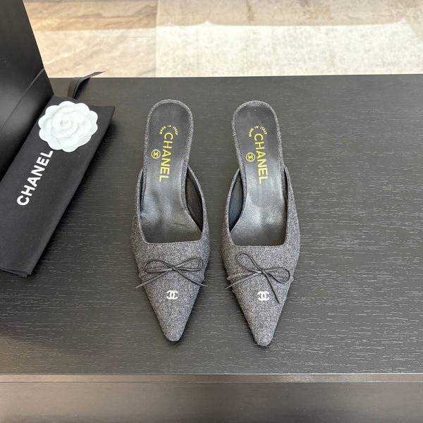 CC Bow Pointed Toe Mules 6.5cm Dark Grey Tweed 912922