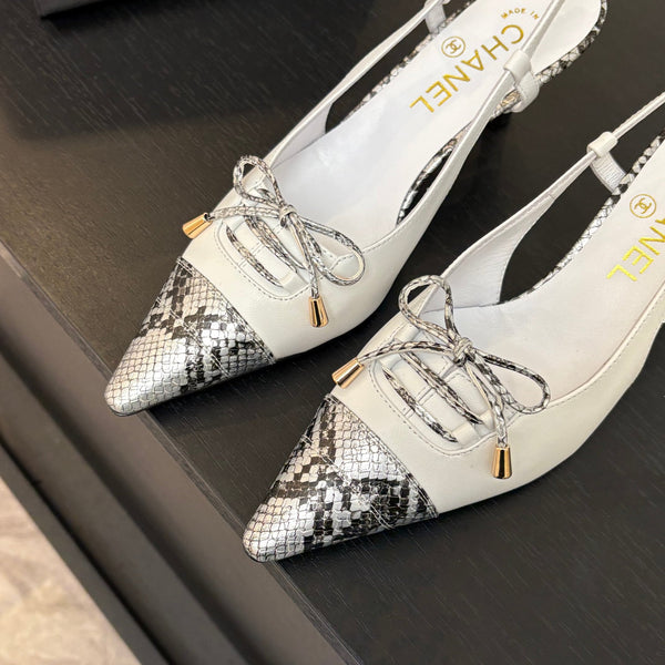 CC Snake Print Cap Toe Bow Slingback Pumps 6.5cm White Leather 912928