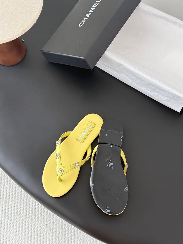 CC Crystal Logo Thong Sandals Yellow Leather 915118