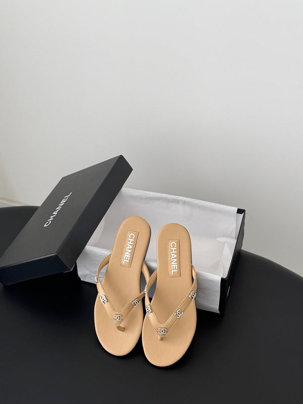CC Crystal Logo Thong Sandals Beige Leather 915116
